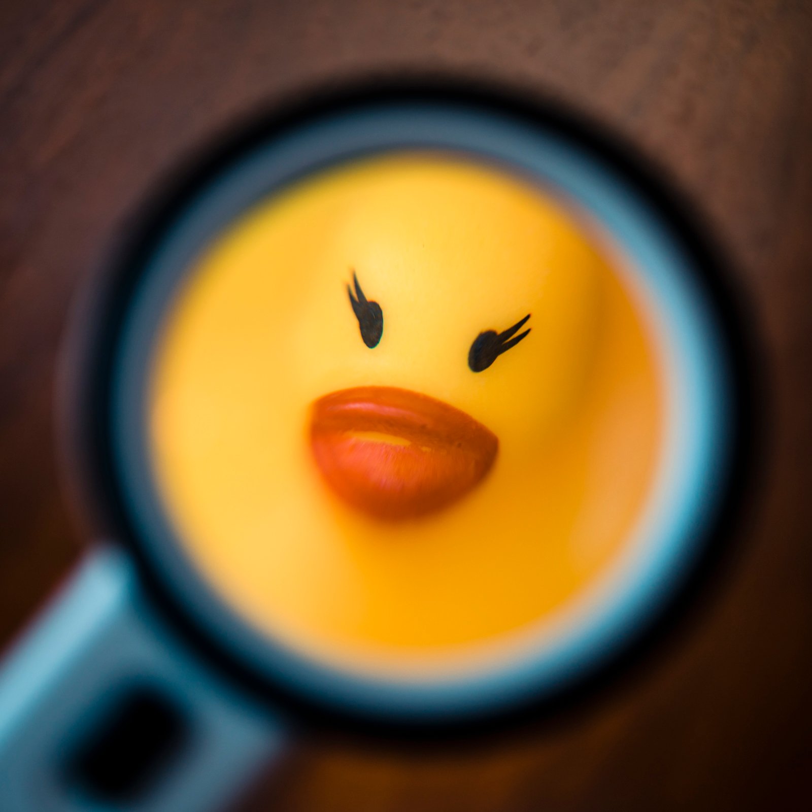 Looking at a yellow rubber duck through a magnifying glass